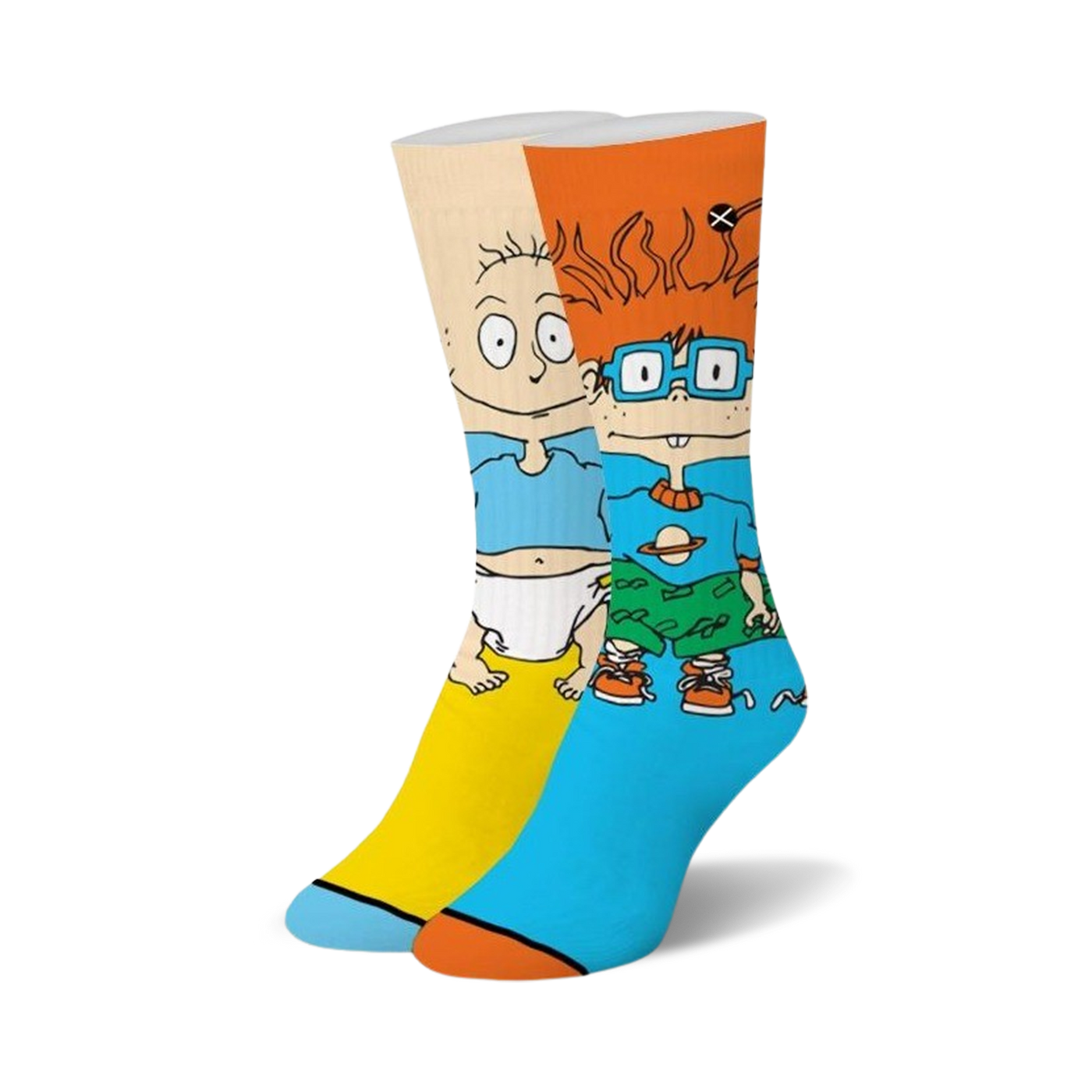 Pair of Rugrats crew socks. Tommy and Chuckie are featured in bright blue, yellow, and orange on a white background.