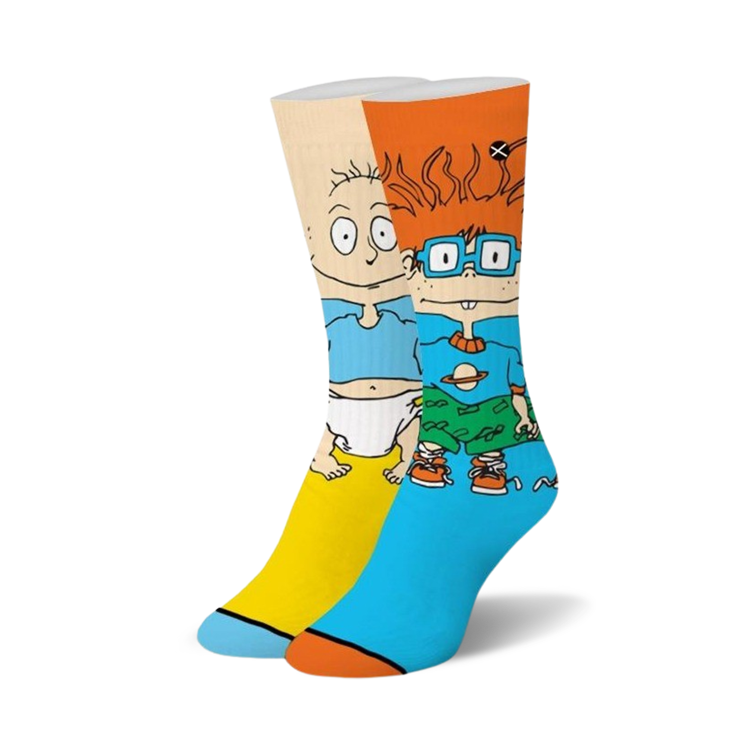 Pair of Rugrats crew socks. Tommy and Chuckie are featured in bright blue, yellow, and orange on a white background.