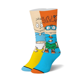yellow and blue crew socks with tommy and chuckie from rugrats printed on them  