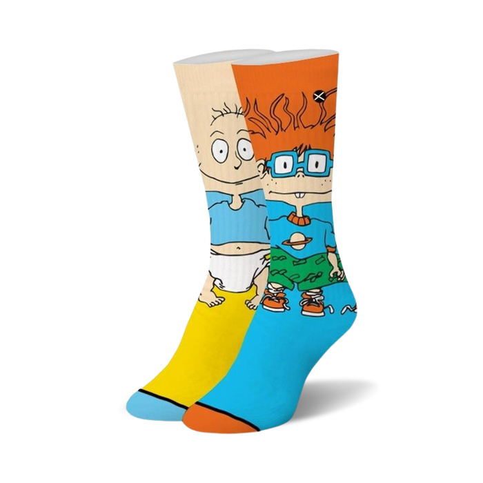yellow and blue crew socks with tommy and chuckie from rugrats printed on them   }}