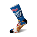 Crew socks featuring a vibrant Frosted Flakes cereal box design. Blue, orange, and white are the main colors with Tony the Tiger prominently displayed.