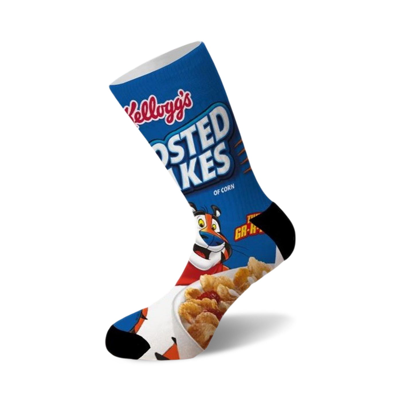 Crew socks featuring a vibrant Frosted Flakes cereal box design. Blue, orange, and white are the main colors with Tony the Tiger prominently displayed.