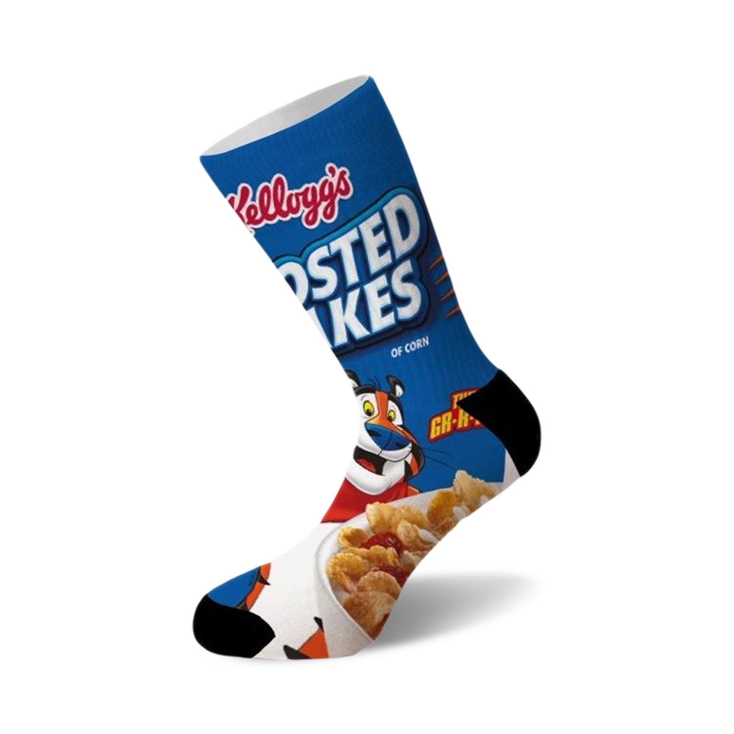 Crew socks featuring a vibrant Frosted Flakes cereal box design. Blue, orange, and white are the main colors with Tony the Tiger prominently displayed.