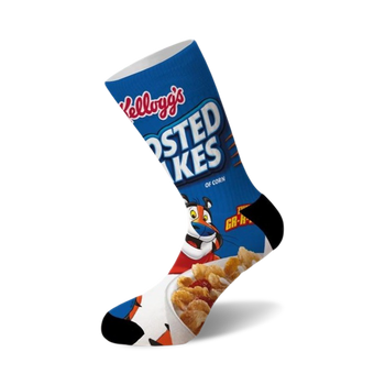 blue crew socks with cartoon mascot tony the tiger holding a spoon in front of a bowl of frosted flakes cereal.  