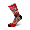 Crew socks with a Froot Loops cereal box design. Red, yellow, and various colors are featured prominently. The sock is predominantly red with a black sole.