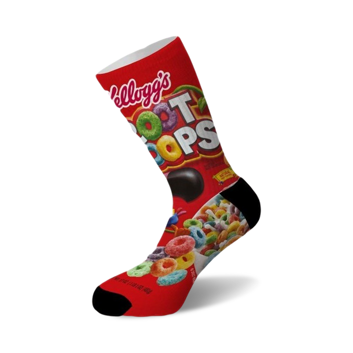 Crew socks with a Froot Loops cereal box design. Red, yellow, and various colors are featured prominently. The sock is predominantly red with a black sole.