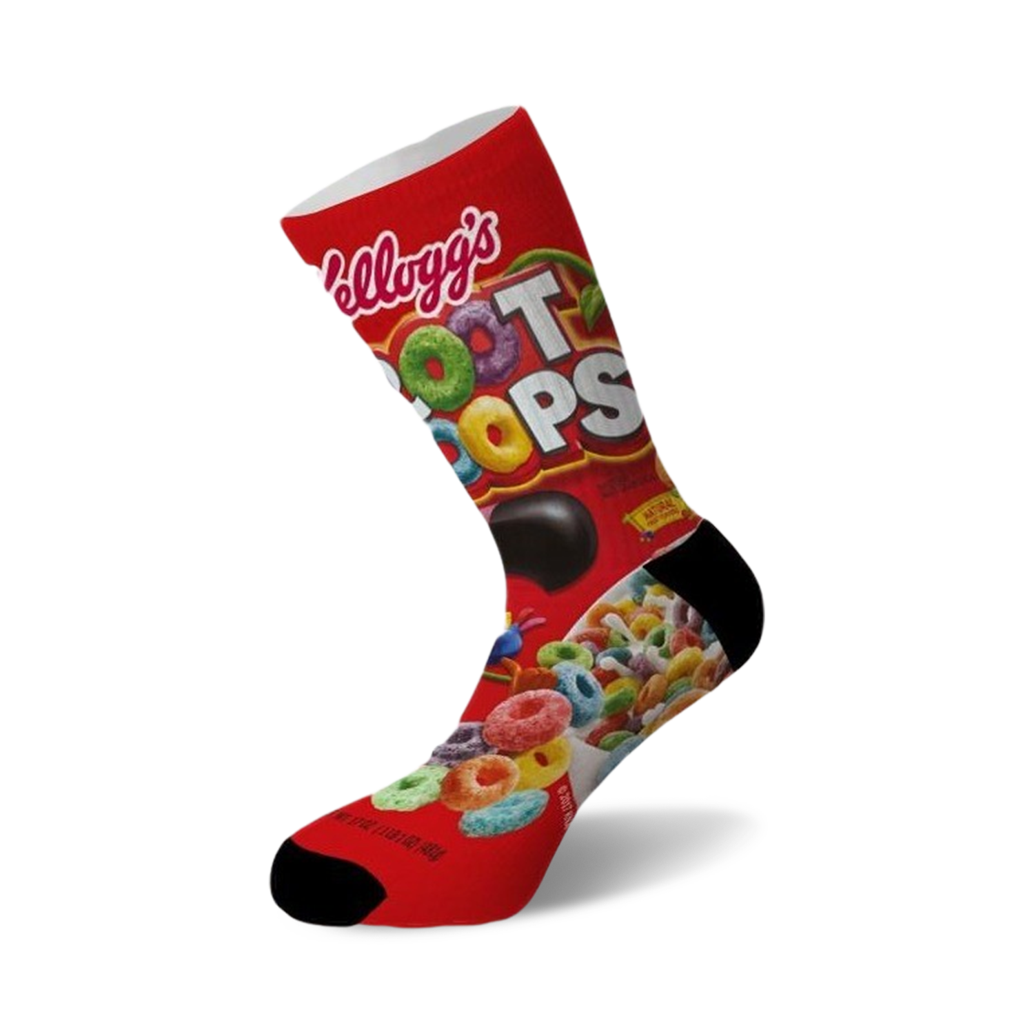 Crew socks with a Froot Loops cereal box design. Red, yellow, and various colors are featured prominently. The sock is predominantly red with a black sole.