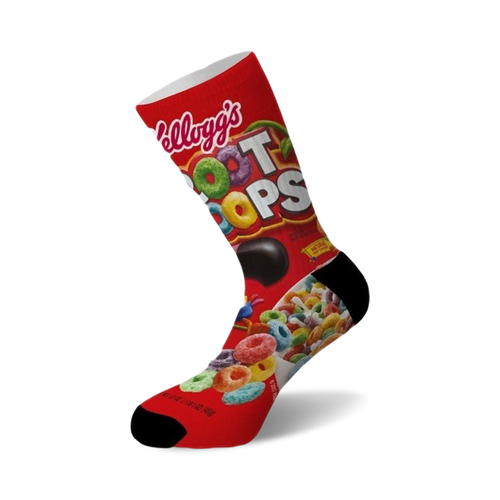 Crew socks with a Froot Loops cereal box design. Red, yellow, and various colors are featured prominently. The sock is predominantly red with a black sole.
