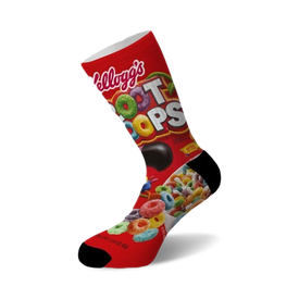 red and black crew socks with sublimated fruit loop pattern, made for men and women.   