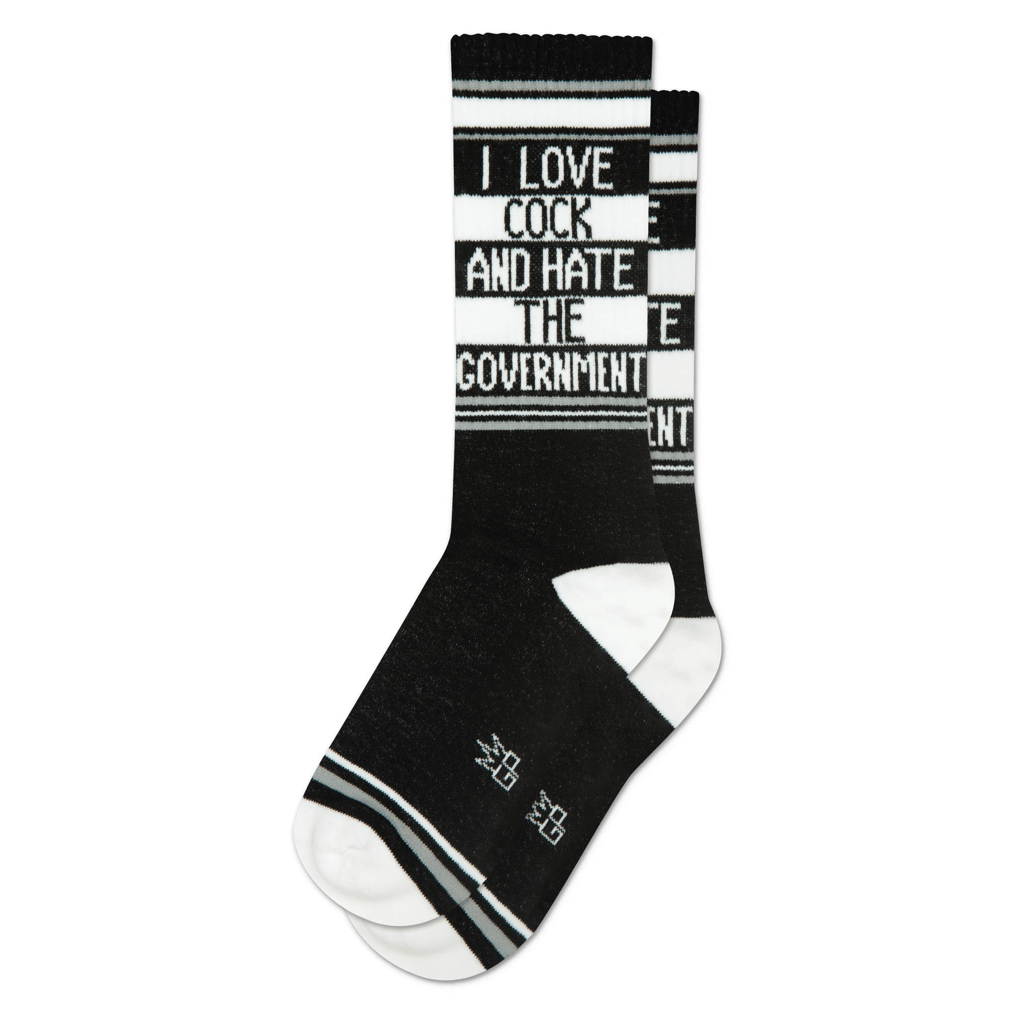A black crew sock with white text "I LOVE COCK AND HATE THE GOVERNMENT" on a white stripe, black and white stripes. White heel/toe.