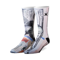 Pair of crew socks featuring a detailed $100 bill design.  Black heel and toe.  Mostly white and grayscale with pops of color from the bill.