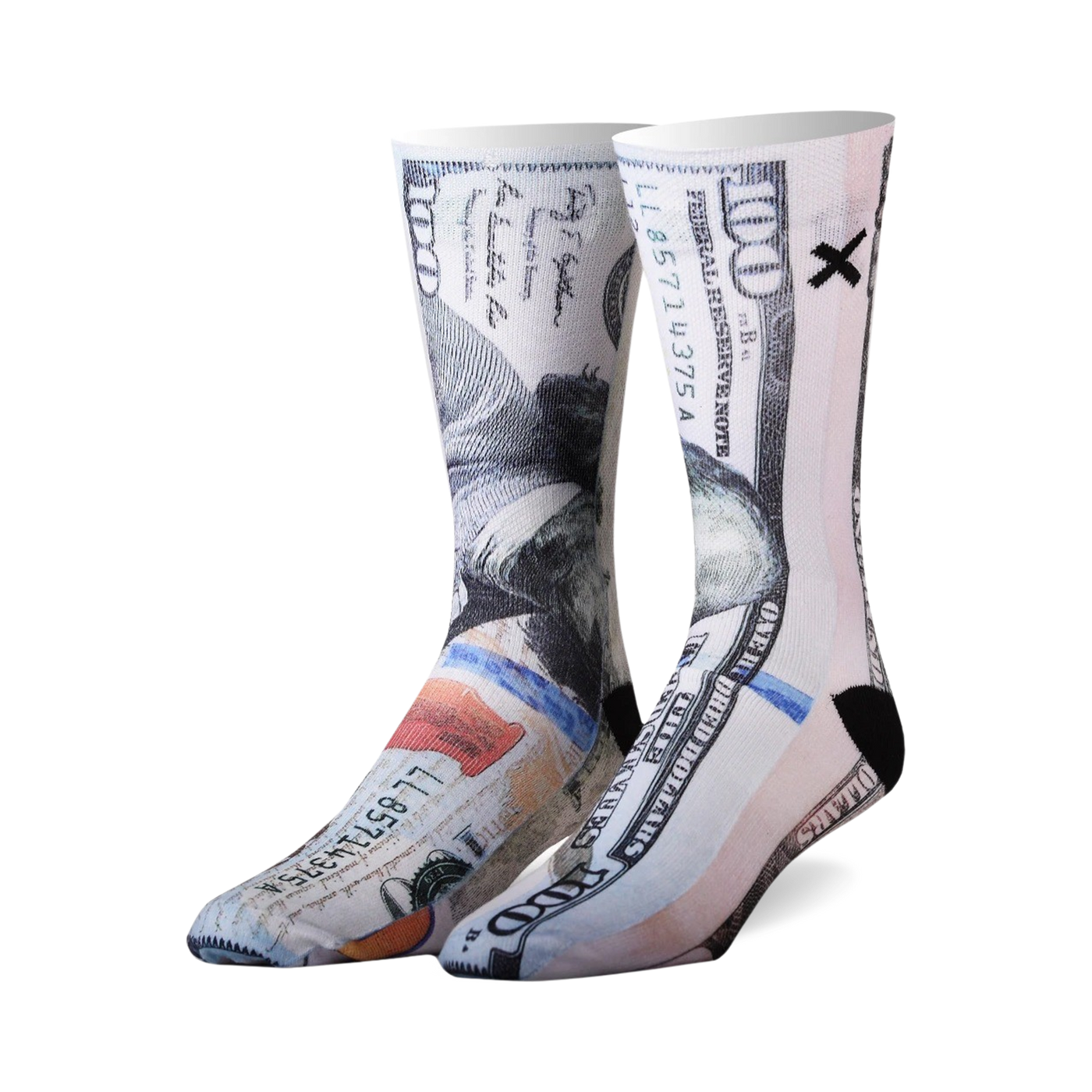 Pair of crew socks featuring a detailed $100 bill design.  Black heel and toe.  Mostly white and grayscale with pops of color from the bill.
