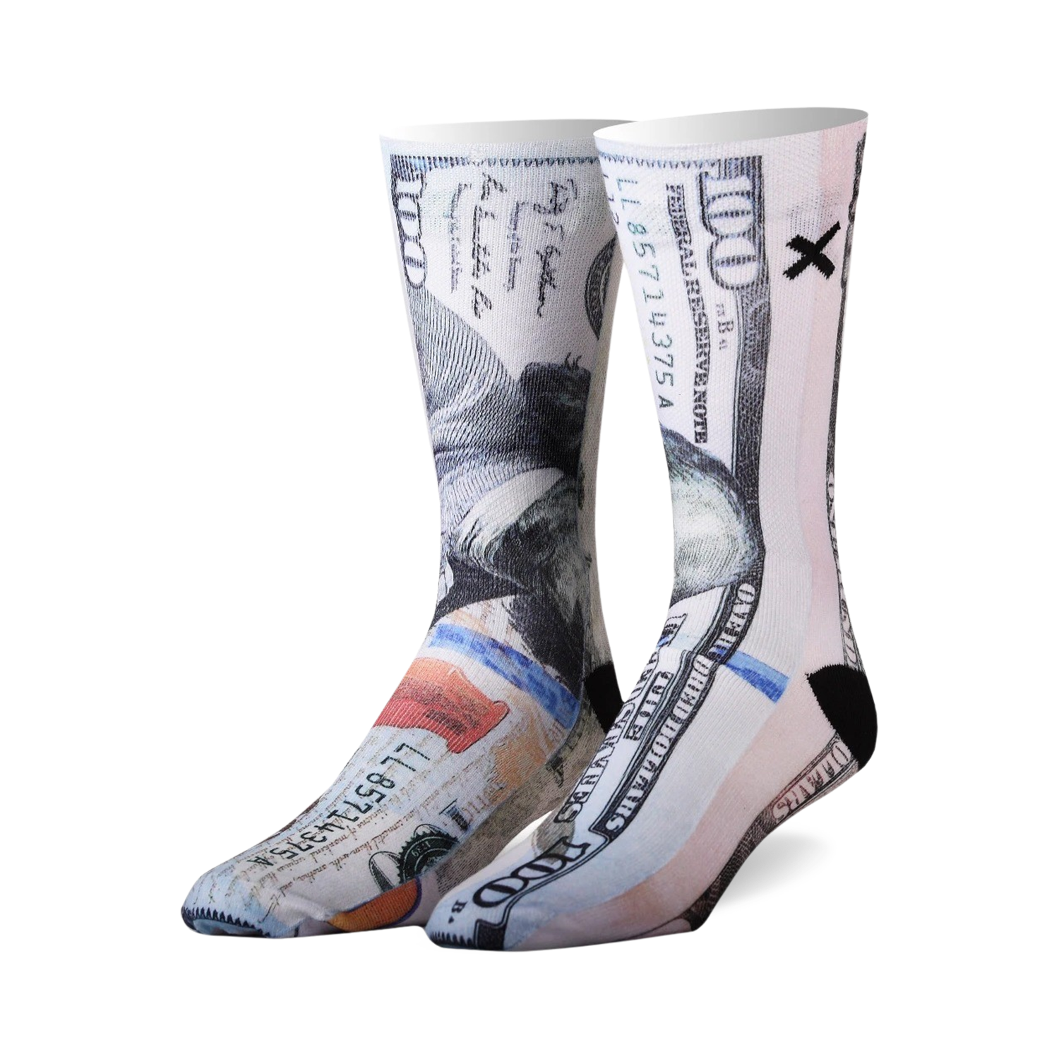 Pair of crew socks featuring a detailed $100 bill design.  Black heel and toe.  Mostly white and grayscale with pops of color from the bill.