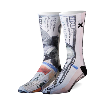 new money crew socks for men and women in white color and pattern of $100 bill.  