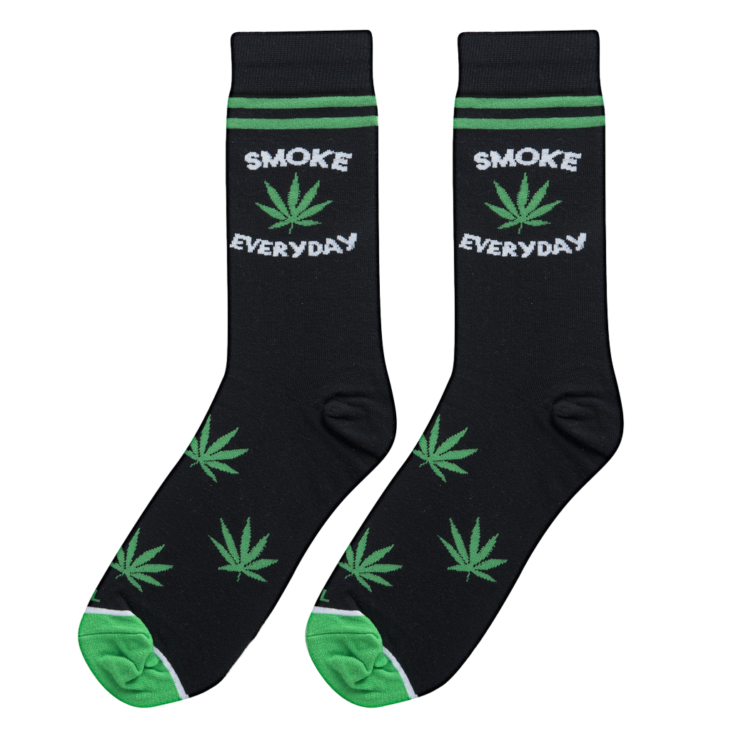 Close-up shot showcasing the detail of the 'Smoke Everyday' socks, highlighting the vibrant green marijuana leaves and text on black fabric.