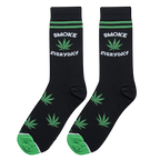Close-up shot showcasing the detail of the 'Smoke Everyday' socks, highlighting the vibrant green marijuana leaves and text on black fabric.