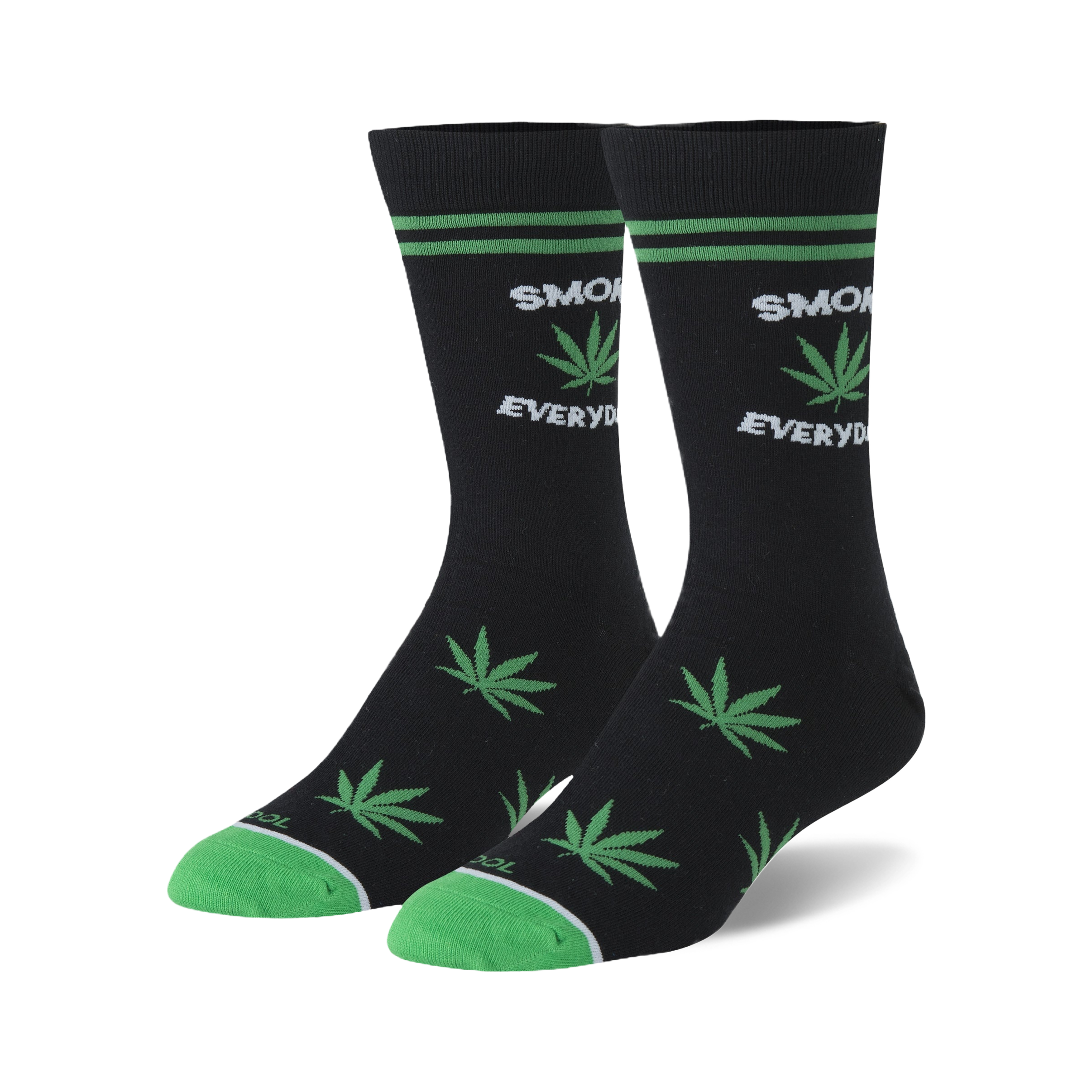 Pair of black crew socks with green marijuana leaf designs and 'Smoke Everyday' text. Green accents on the cuffs.