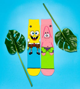 A pair of socks with cartoon characters SpongeBob SquarePants and Patrick Star on them. The socks are blue and pink, with green and yellow trim.