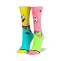 Pair of crew socks featuring Spongebob and Patrick. Spongebob's sock is yellow and teal, Patrick's is pink and lime green.
