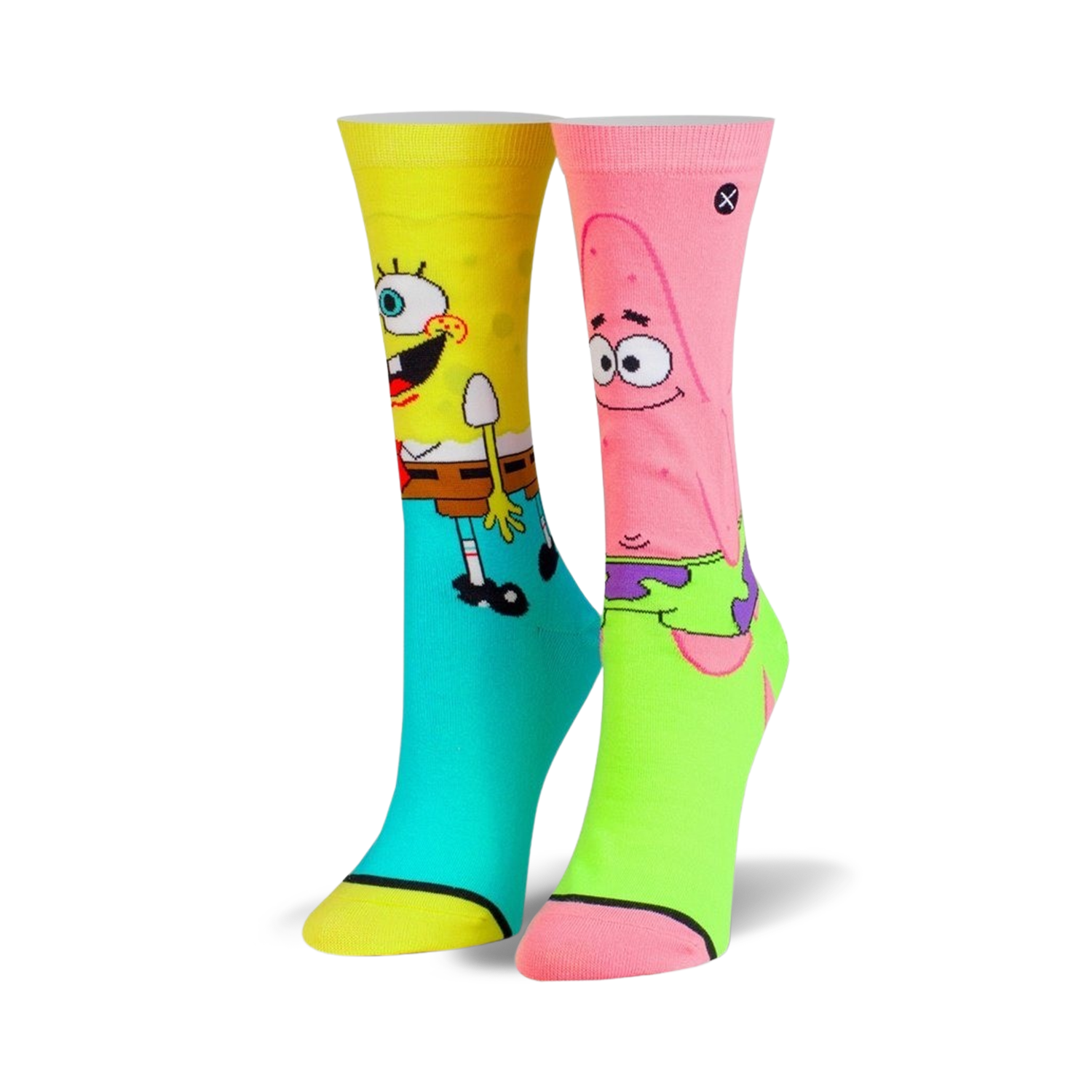 Pair of crew socks featuring Spongebob and Patrick. Spongebob's sock is yellow and teal, Patrick's is pink and lime green.