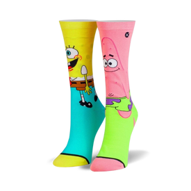  pink and yellow spongebob squarepants crew socks featuring spongebob and patrick characters. fun and colorful design for women.  