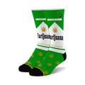 Pair of crew socks with a cannabis-themed design. Green and white color scheme with marijuana leaf imagery and text.