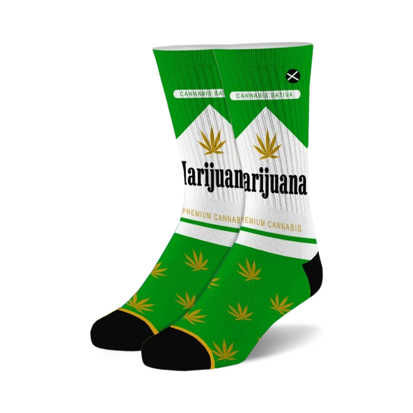 Pair of crew socks with a cannabis-themed design. Green and white color scheme with marijuana leaf imagery and text.