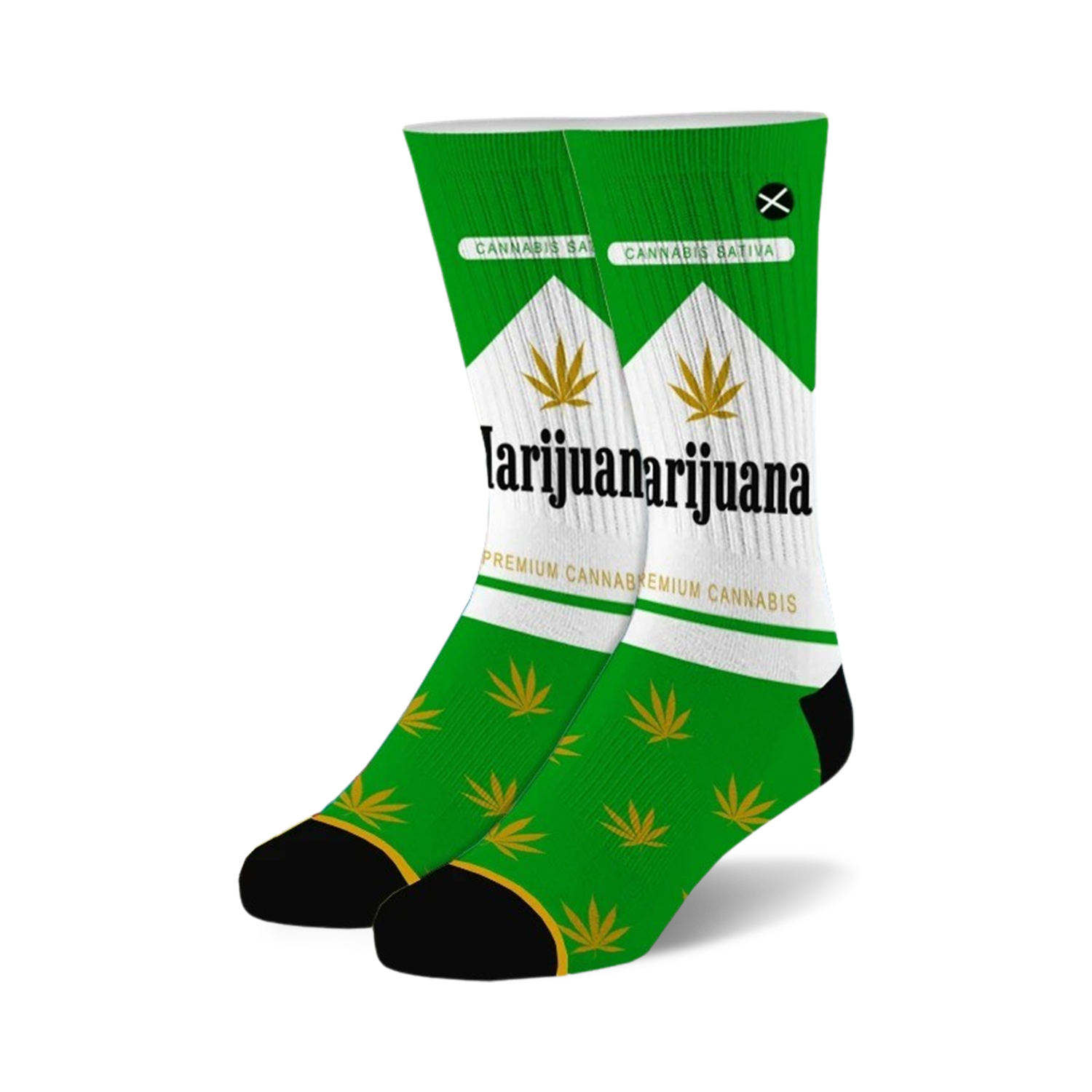 Pair of crew socks with a cannabis-themed design. Green and white color scheme with marijuana leaf imagery and text.