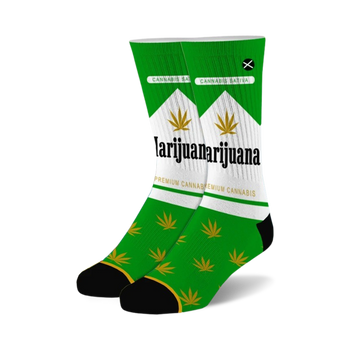 white, green, and black marijuana themed socks for men and women with a cannabis leaf pattern and "marijuana" text.  