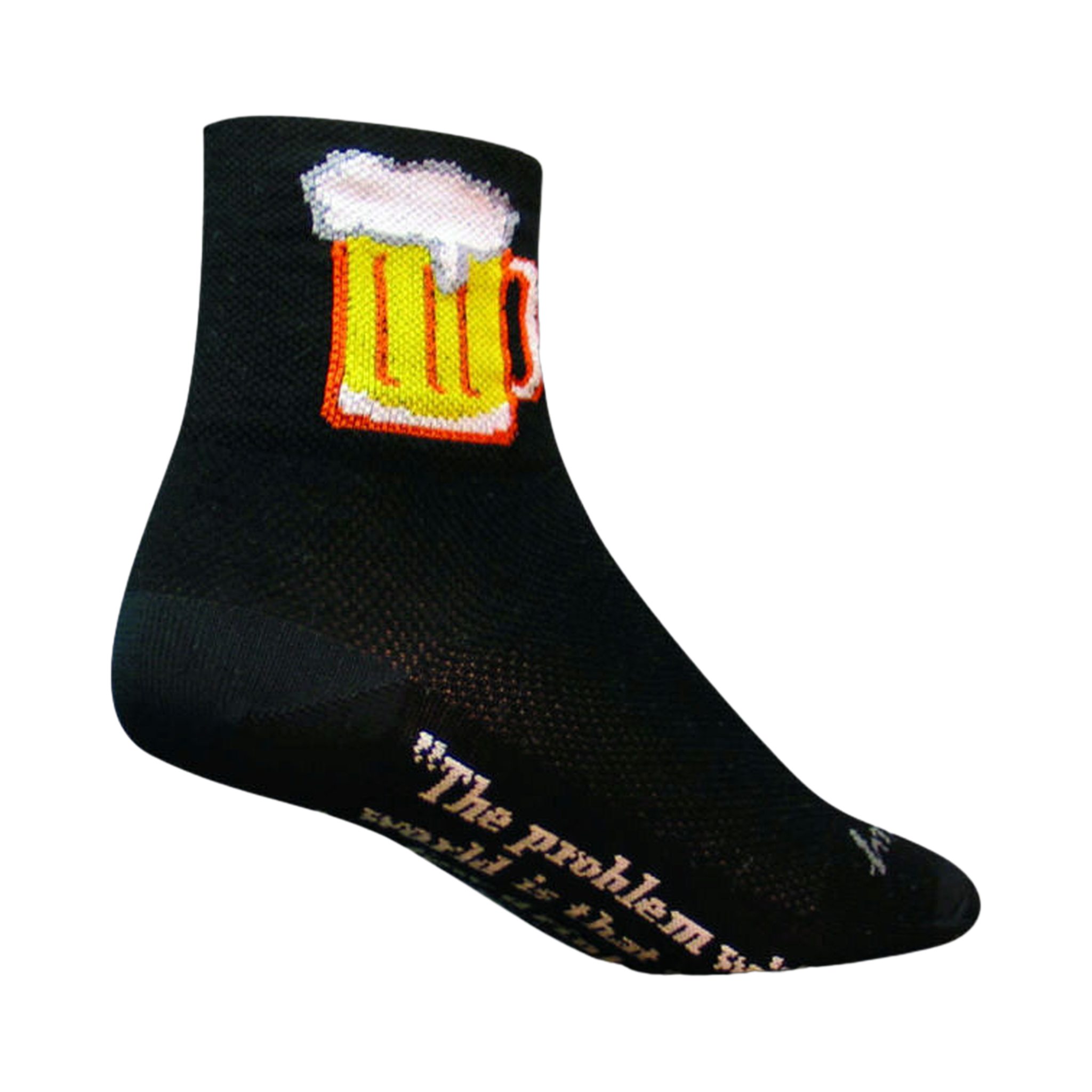 Black quarter socks with a yellow beer stein graphic and a small quote on the sole.