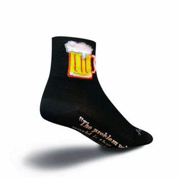 Black quarter socks with a yellow beer stein graphic and a small quote on the sole.