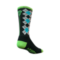 Black crew socks with argyle pattern in grey and teal, lime green accents, and a lacrosse stick graphic.