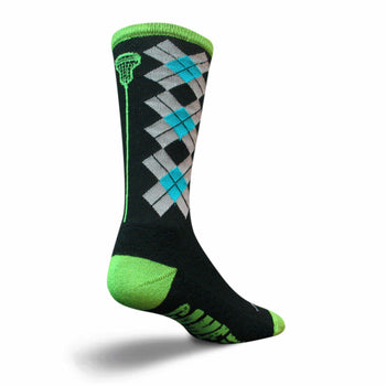 Black crew socks with argyle pattern in grey and teal, lime green accents, and a lacrosse stick graphic.