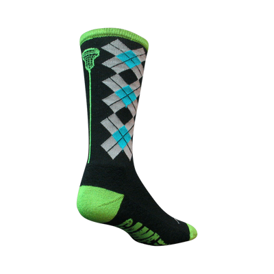 Black crew socks with argyle pattern in grey and teal, lime green accents, and a lacrosse stick graphic.