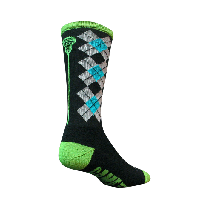 Black crew socks with argyle pattern in grey and teal, lime green accents, and a lacrosse stick graphic. }}