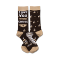 Crew socks in brown and beige. One sock reads 'I Love You More Than Coffee', the other has coffee cup patterns and coffee-related illustrations.