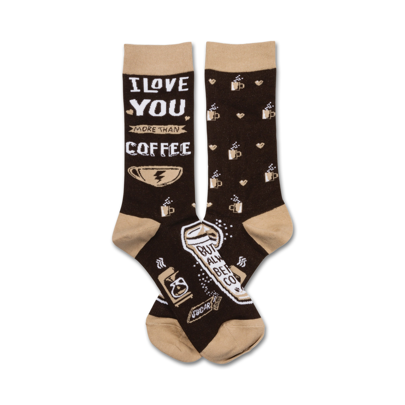 Crew socks in brown and beige. One sock reads 'I Love You More Than Coffee', the other has coffee cup patterns and coffee-related illustrations.