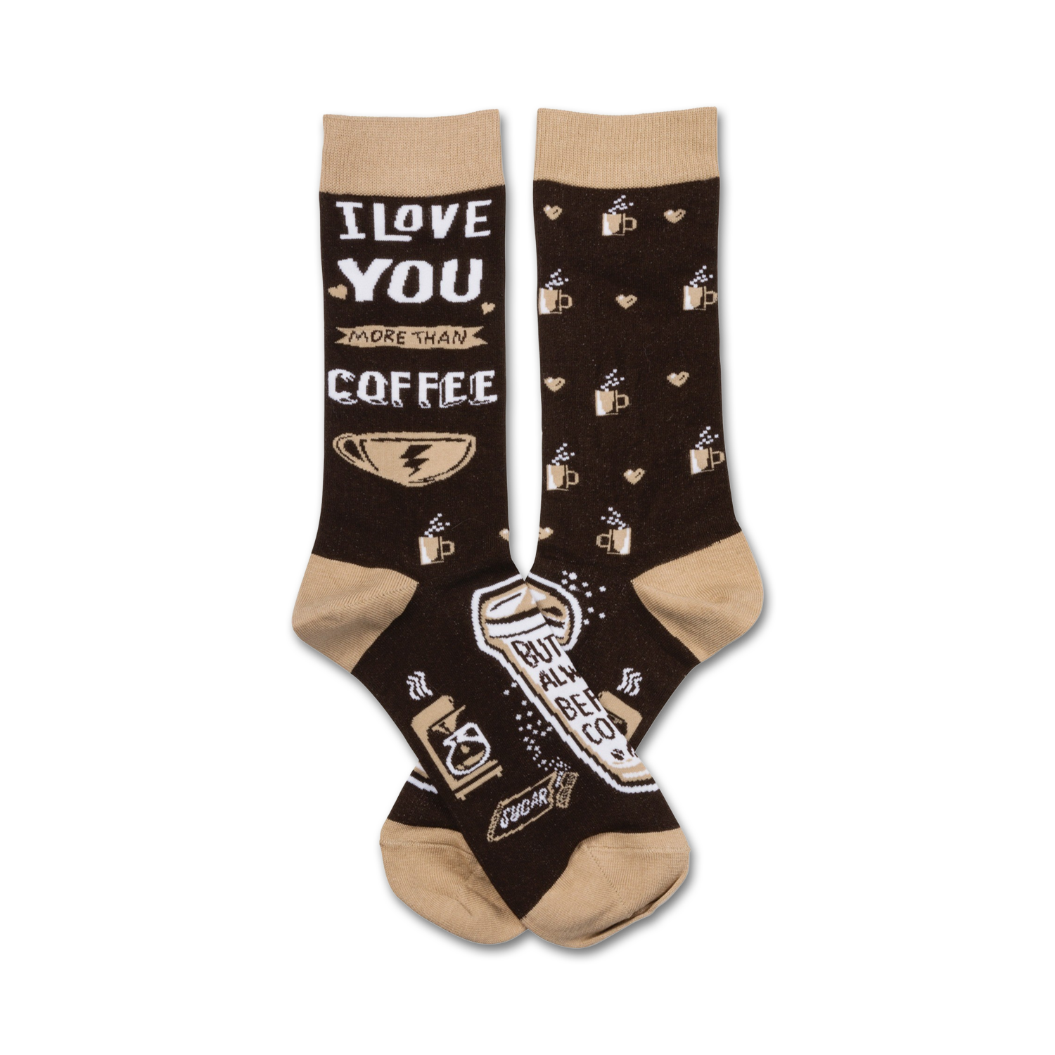 Crew socks in brown and beige. One sock reads 'I Love You More Than Coffee', the other has coffee cup patterns and coffee-related illustrations.