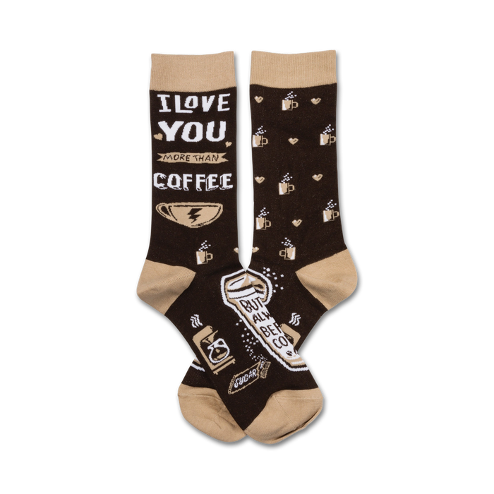 brown crew length women's socks with coffee cups, hearts, coffee grinder, sugar bowl, and text 