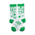 White crew socks with green shamrocks, horseshoes, dice, and a 'Lucky' design. Festive and fun St. Patrick's Day socks.