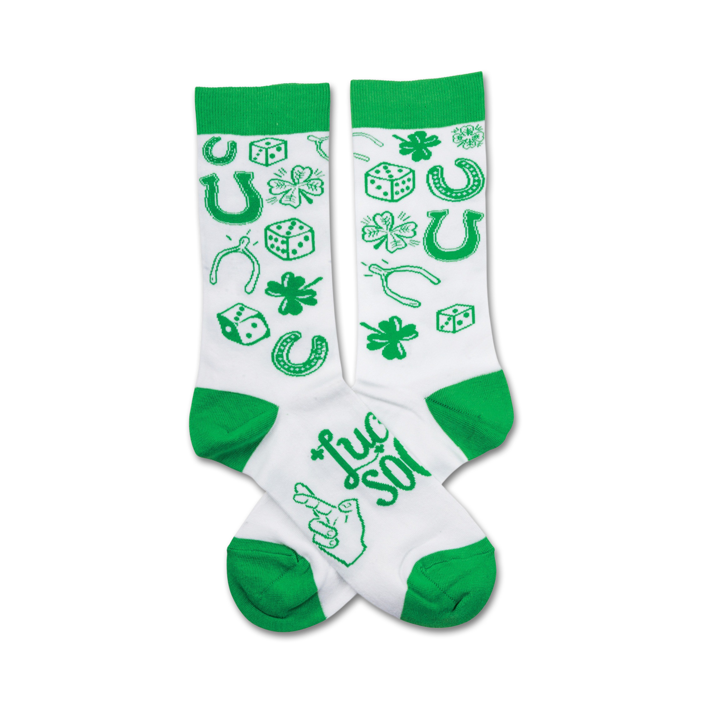 White crew socks with green shamrocks, horseshoes, dice, and a 'Lucky' design. Festive and fun St. Patrick's Day socks.