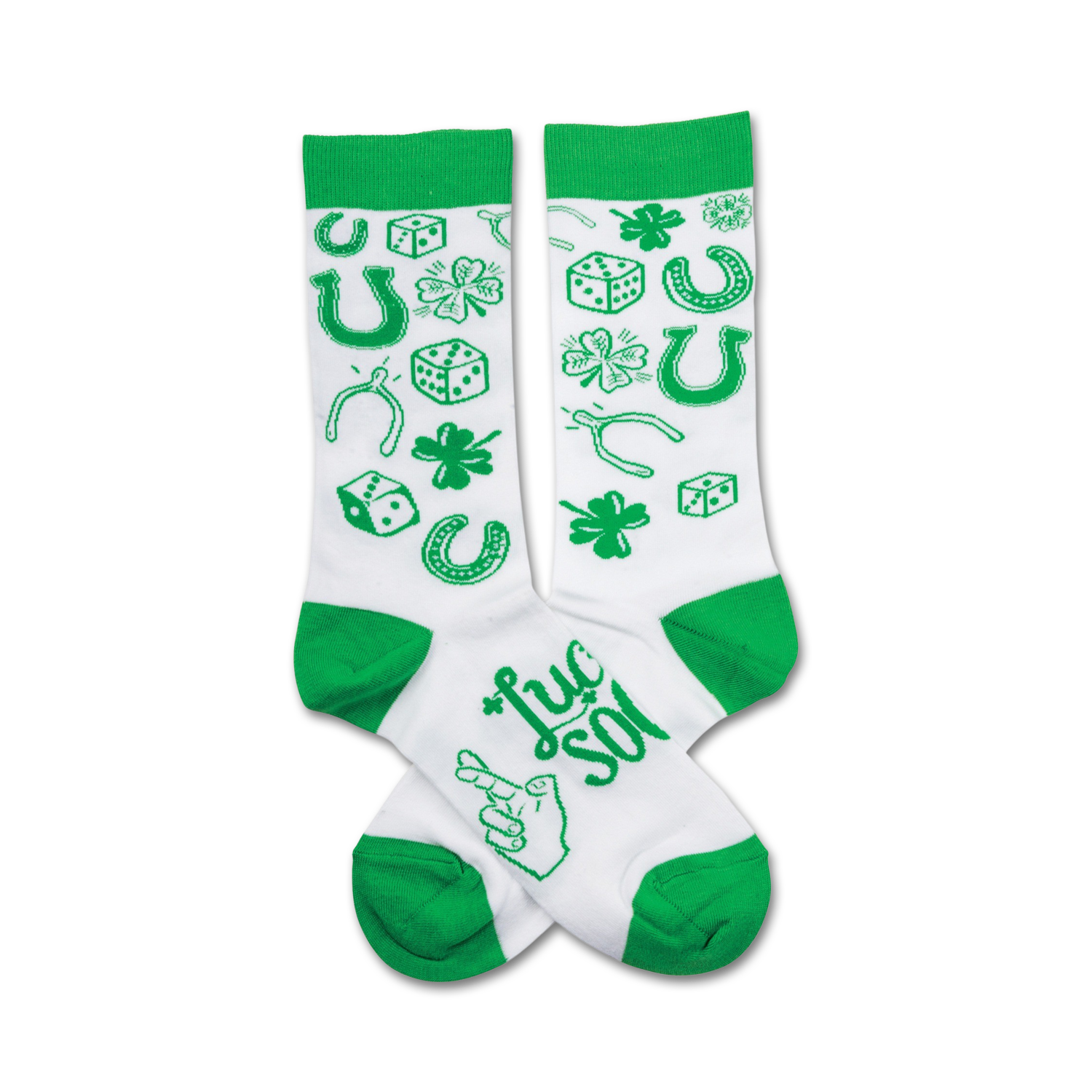 White crew socks with green shamrocks, horseshoes, dice, and a 'Lucky' design. Festive and fun St. Patrick's Day socks.