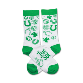 white crew socks with green irish lucky symbols. includes 4-leaf clovers, horseshoes, dice, wishbones, pointing hands and lucky soul lettering.  