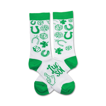 white crew socks with green irish lucky symbols. includes 4-leaf clovers, horseshoes, dice, wishbones, pointing hands and lucky soul lettering.  