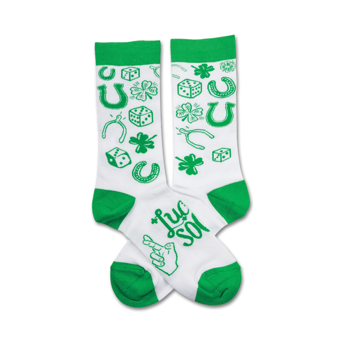 white crew socks with green irish lucky symbols. includes 4-leaf clovers, horseshoes, dice, wishbones, pointing hands and lucky soul lettering.   }}