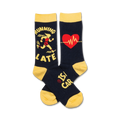Crew socks in navy and mustard yellow. One sock shows a running figure and 'Running Late', the other a heart with a heartbeat graphic and 'My Car Is'.