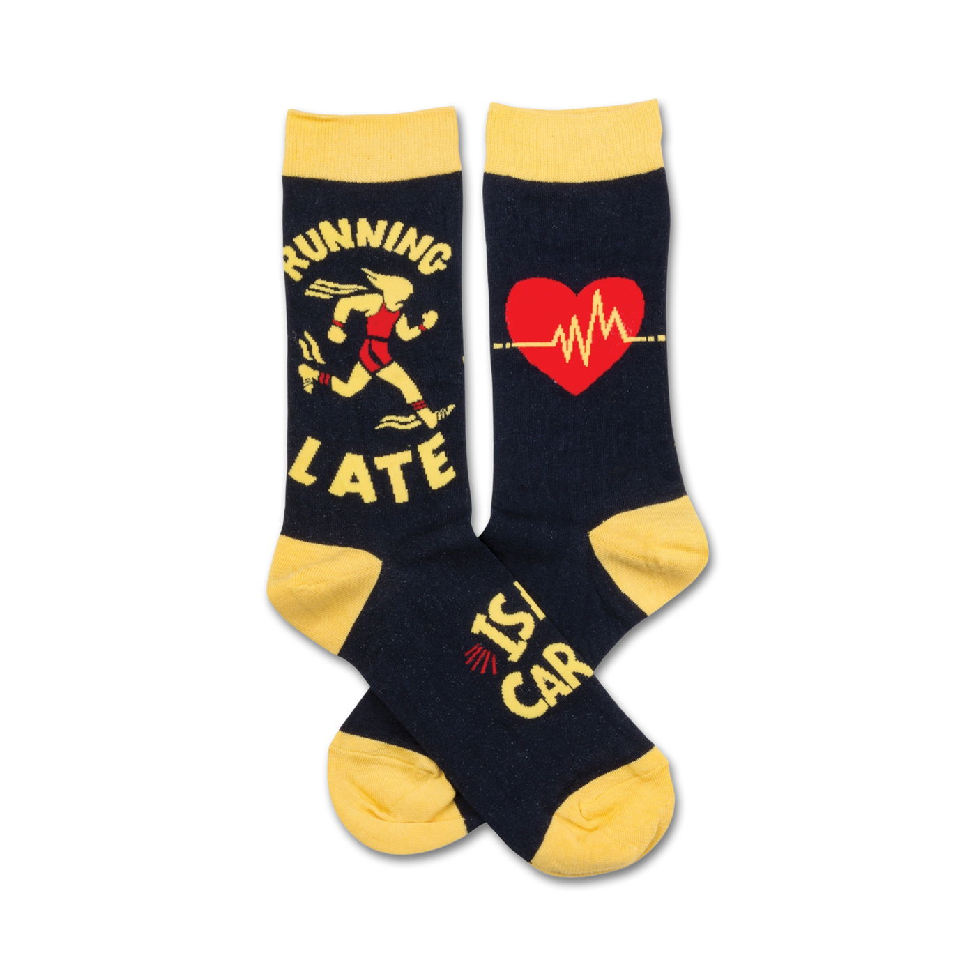 Crew socks in navy and mustard yellow. One sock shows a running figure and 'Running Late', the other a heart with a heartbeat graphic and 'My Car Is'.