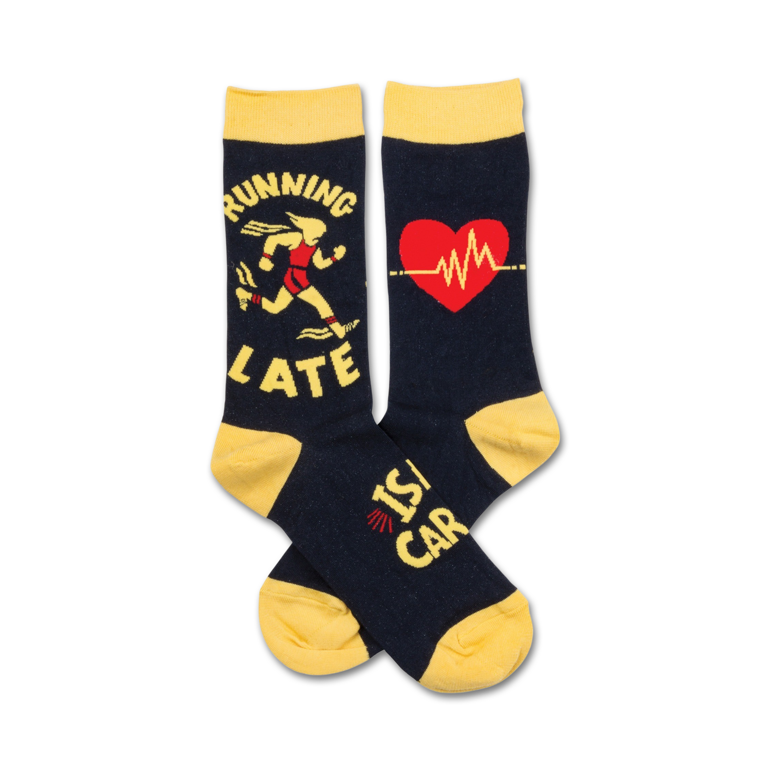 Crew socks in navy and mustard yellow. One sock shows a running figure and 'Running Late', the other a heart with a heartbeat graphic and 'My Car Is'.