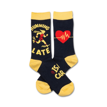  black crew socks with yellow toes, heels, and text. design features a heart with ekg line and text.  