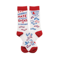 White crew socks with red cuffs.  The design includes a humorous text statement about sock divorce and small illustrations of mismatched socks.